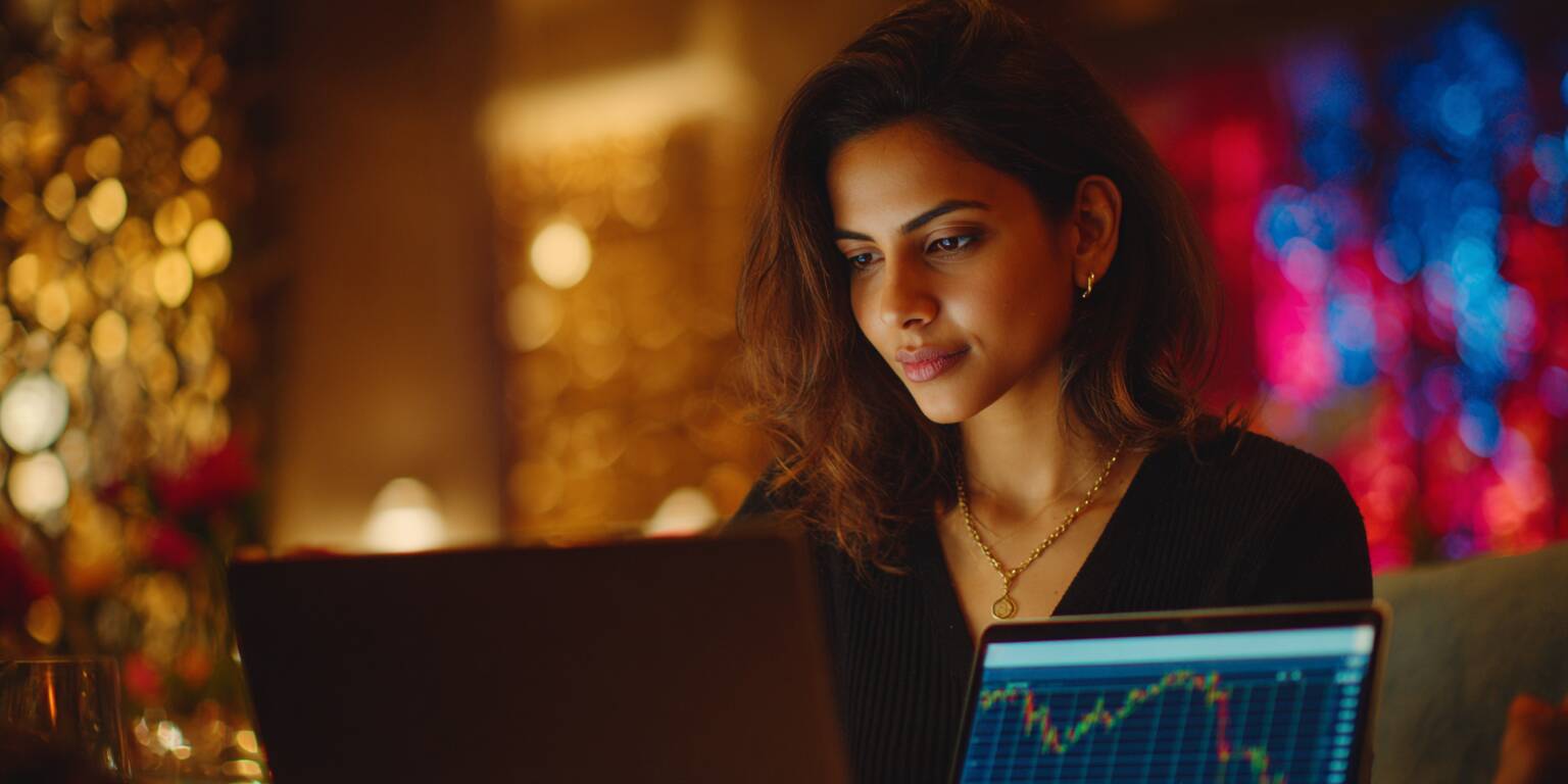 Ywkk Aviator – Winning strategies and tips for the crash game A beautiful, thoughtful young woman from Bangladesh analyzing the Aviator game chart on her laptop, planning her next strategic move in a casino setting.