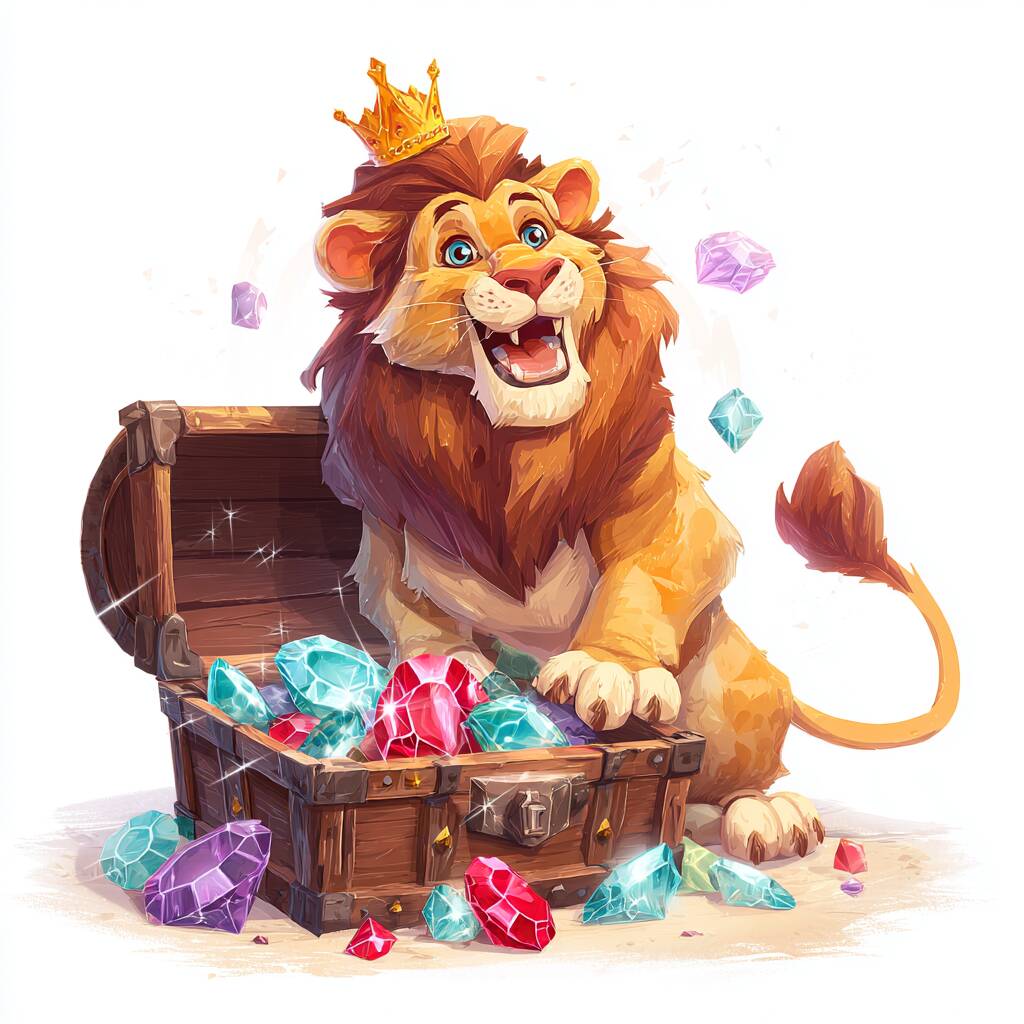 Ywkk Fortune Gems – Play the classic multiplier slot in Bangladesh A majestic and friendly cartoon lion, the Fortune Gems mascot, wearing a crown and sitting beside a pile of giant, sparkling diamonds and gems.