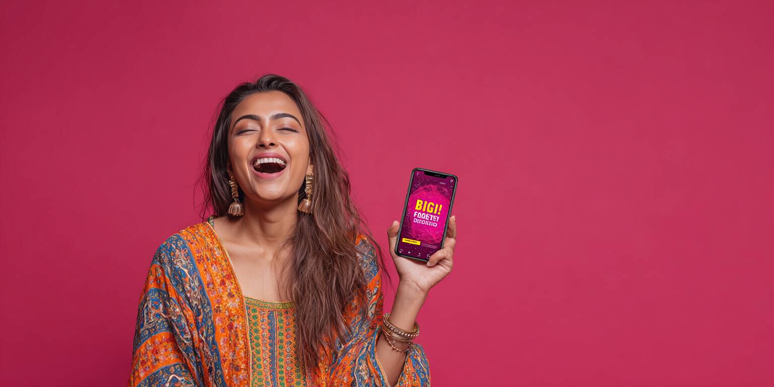 Ywkk Fortune Gems – Tips for winning on the popular slot game A beautiful young Bangladeshi woman looking thrilled, holding her smartphone which displays a big win screen on the Fortune Gems slot game.