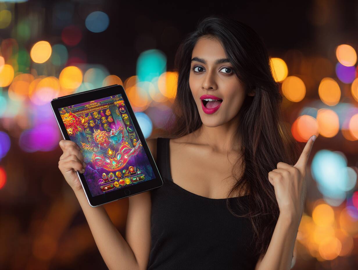 Ywkk – A wide variety of online slot games A beautiful young woman from Bangladesh looking excited while playing a fantasy-themed slot game from Ywkk casino on her tablet.
