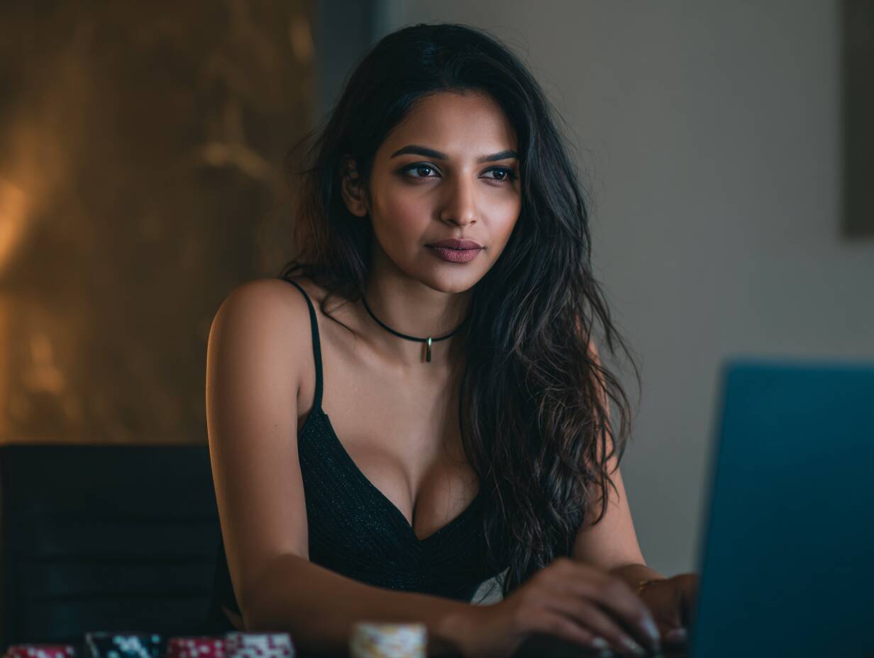 Ywkk – Classic table games like Poker and Blackjack A stylish young Bangladeshi woman focused on playing an online poker game on her laptop in an elegant setting.