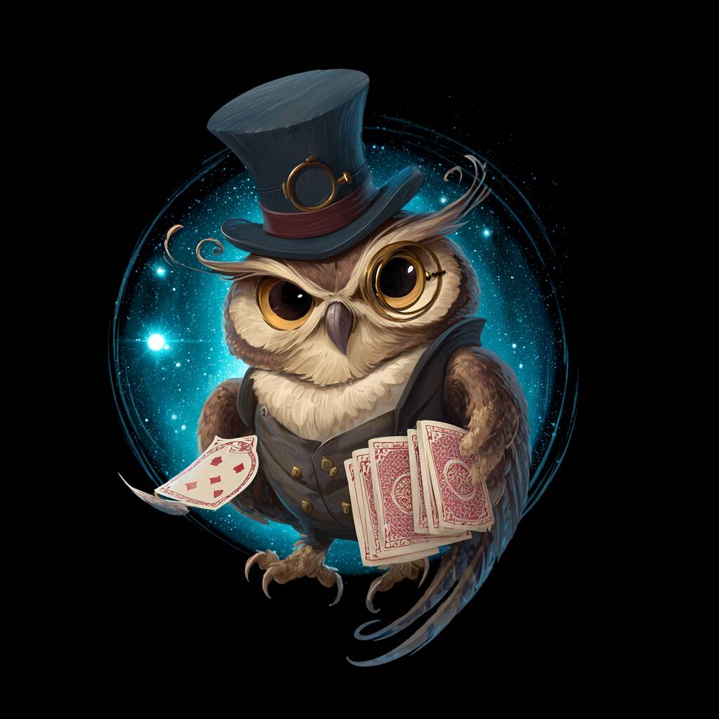 Ywkk Games – A universe of top-quality online casino games A wise and friendly cartoon owl, the Ywkk games mascot, wearing a monocle and holding a magical, glowing deck of playing cards.