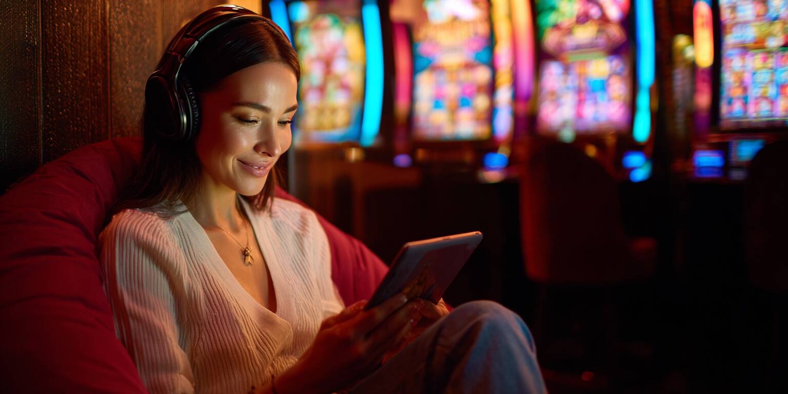 Ywkk Games – A vast and diverse library of casino games A beautiful, cheerful young woman from Bangladesh wearing headphones and enjoying a diverse selection of casino games on her tablet.
