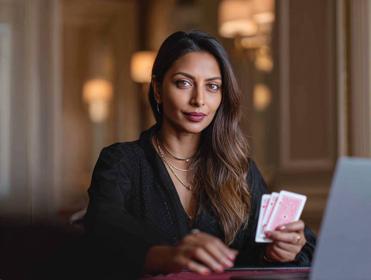 Ywkk – Immersive live dealer casino games An elegant Bangladeshi woman focused on a live dealer blackjack game from Ywkk on her laptop.