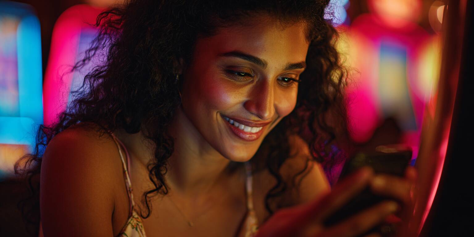 A beautiful and excited young woman from Bangladesh, with a look of intense concentration, playing the Lucky Jet game on her phone in a vibrant casino environment.