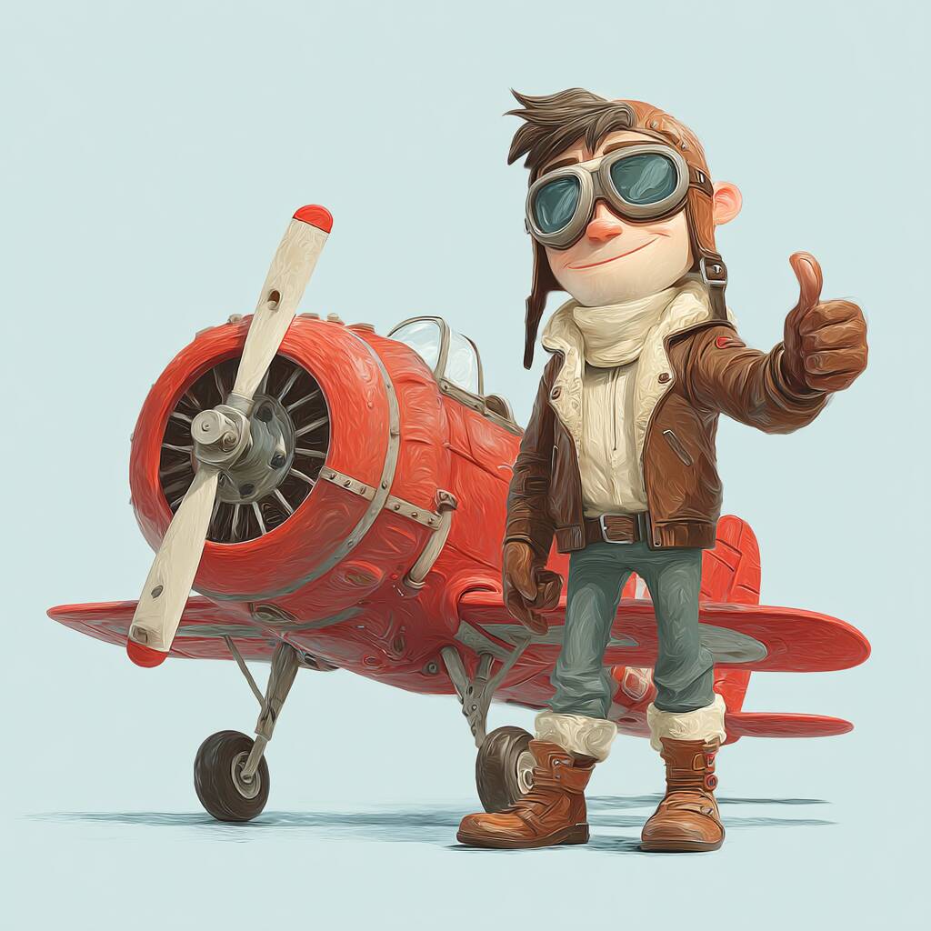 একজন সাহসী ও কুল কার্টুন পাইলট, Aviator গেমের মাসকট, একটি লাল প্রপেলার প্লেনের সামনে থাম্বস-আপ দিচ্ছে।
